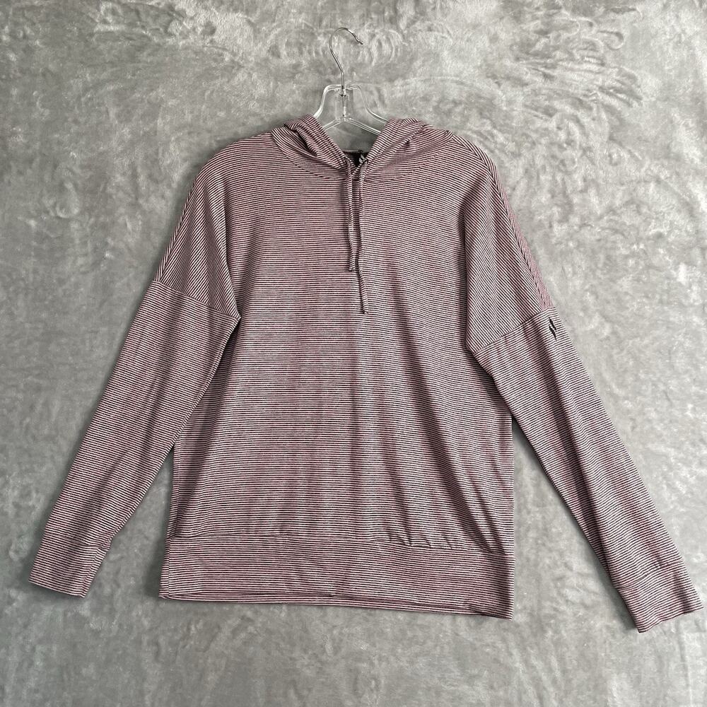 Skechers Top Womens Medium Pink Long Sleeve Shirt Hooded Athleisure Striped Gray